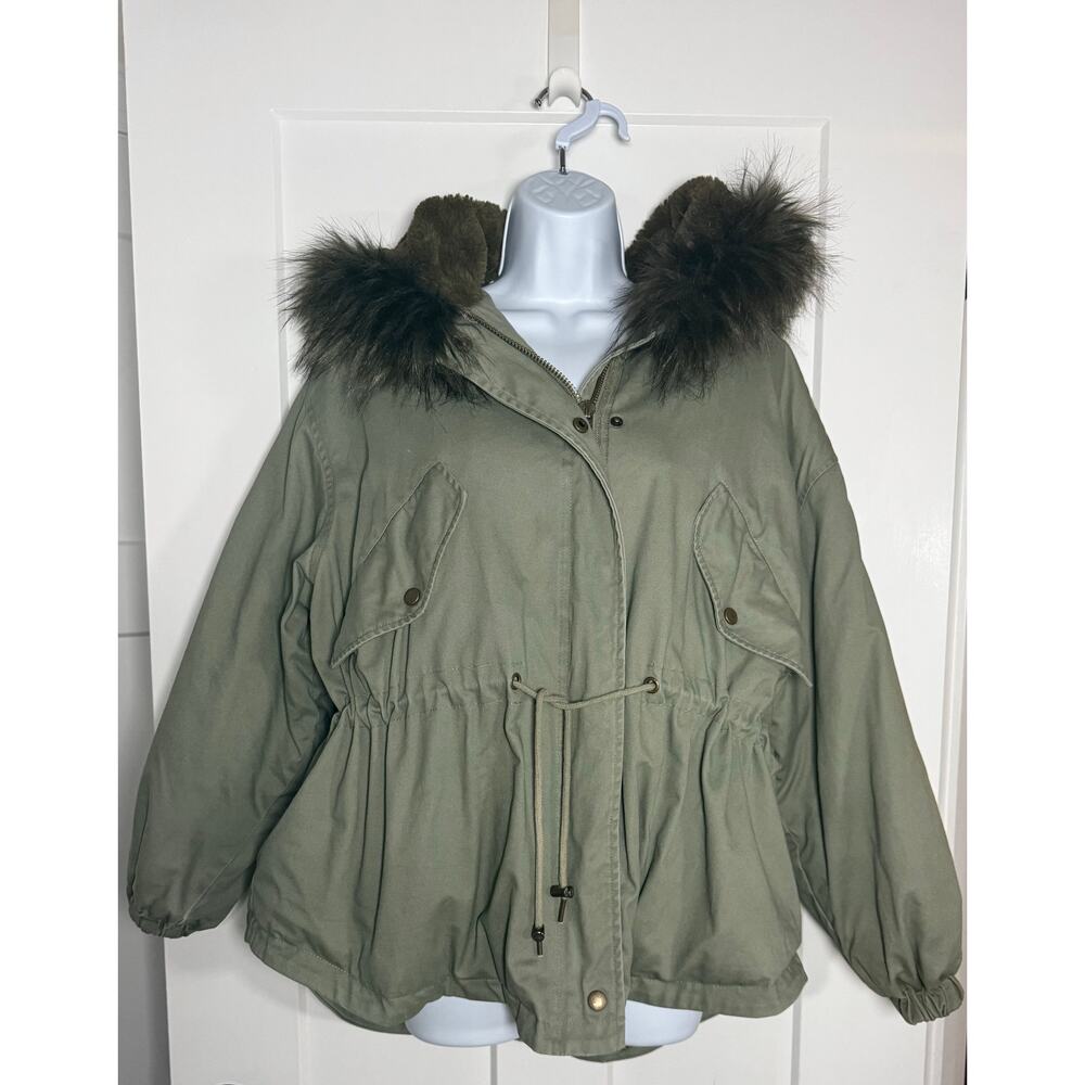 Urban Outfitters Hooded Parka Coat Olive Green Faux Fur Trim Sz LARGE